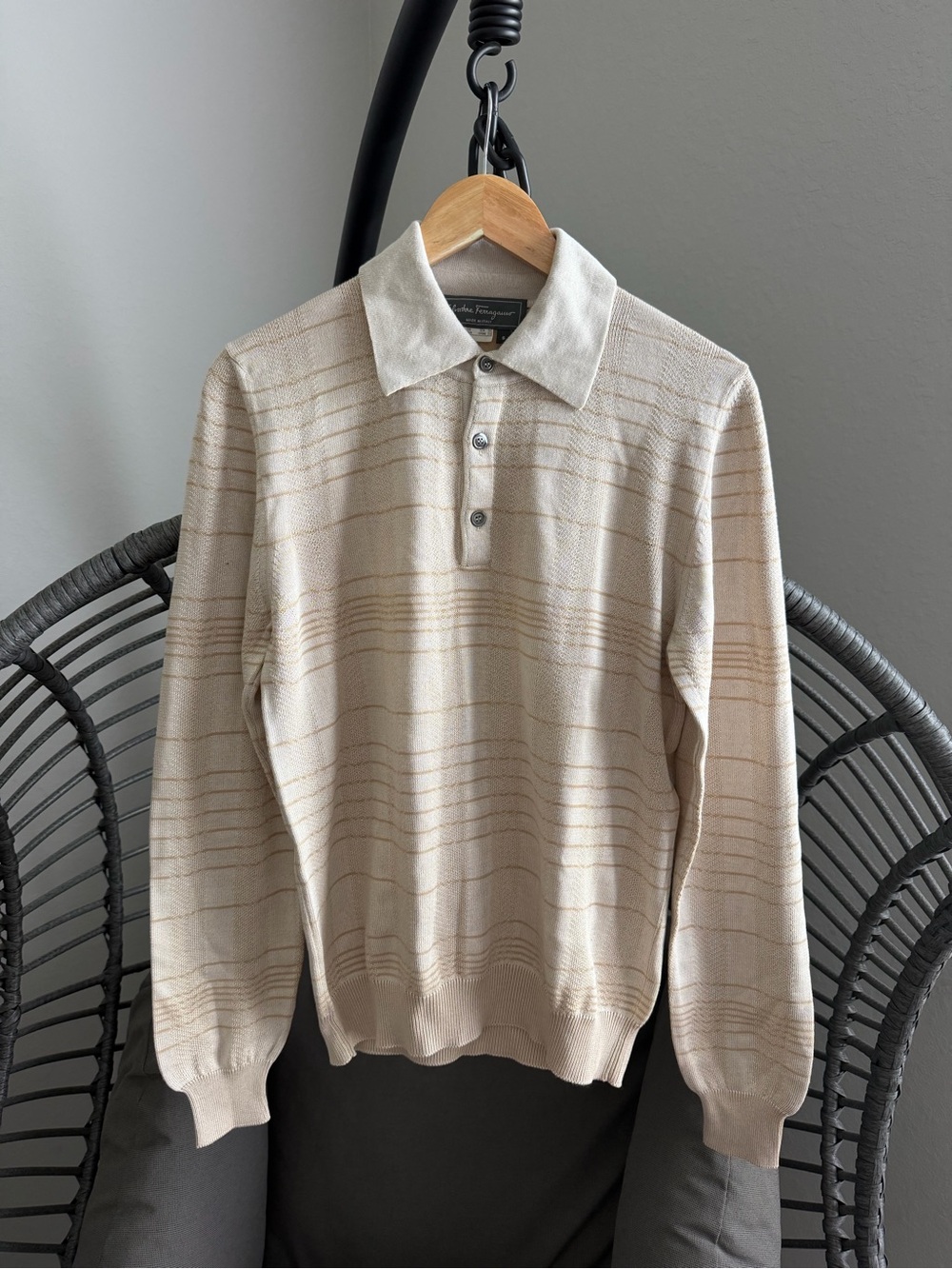 Salvatore Ferragamo Beige Cream Striped V-Neck Polo Sweater